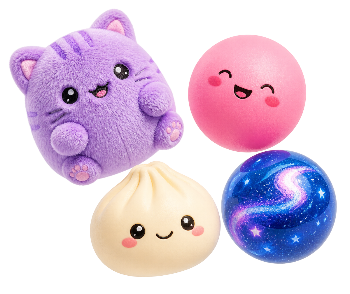 Collectible squishy toys: a purple plush cat, pink stress ball, dumpling squishy and galaxy ball
